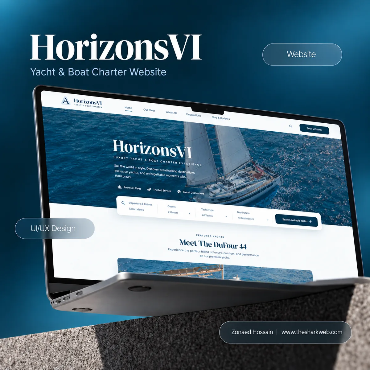 The HorizonsVI yacht charter website on a laptop