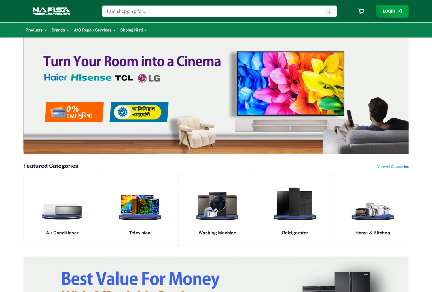 The Nafisa Electronics home page with a cinema banner, EMI offers and search
