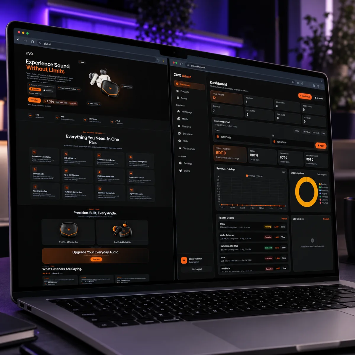 The ZiVO storefront and admin dashboard side by side on a laptop